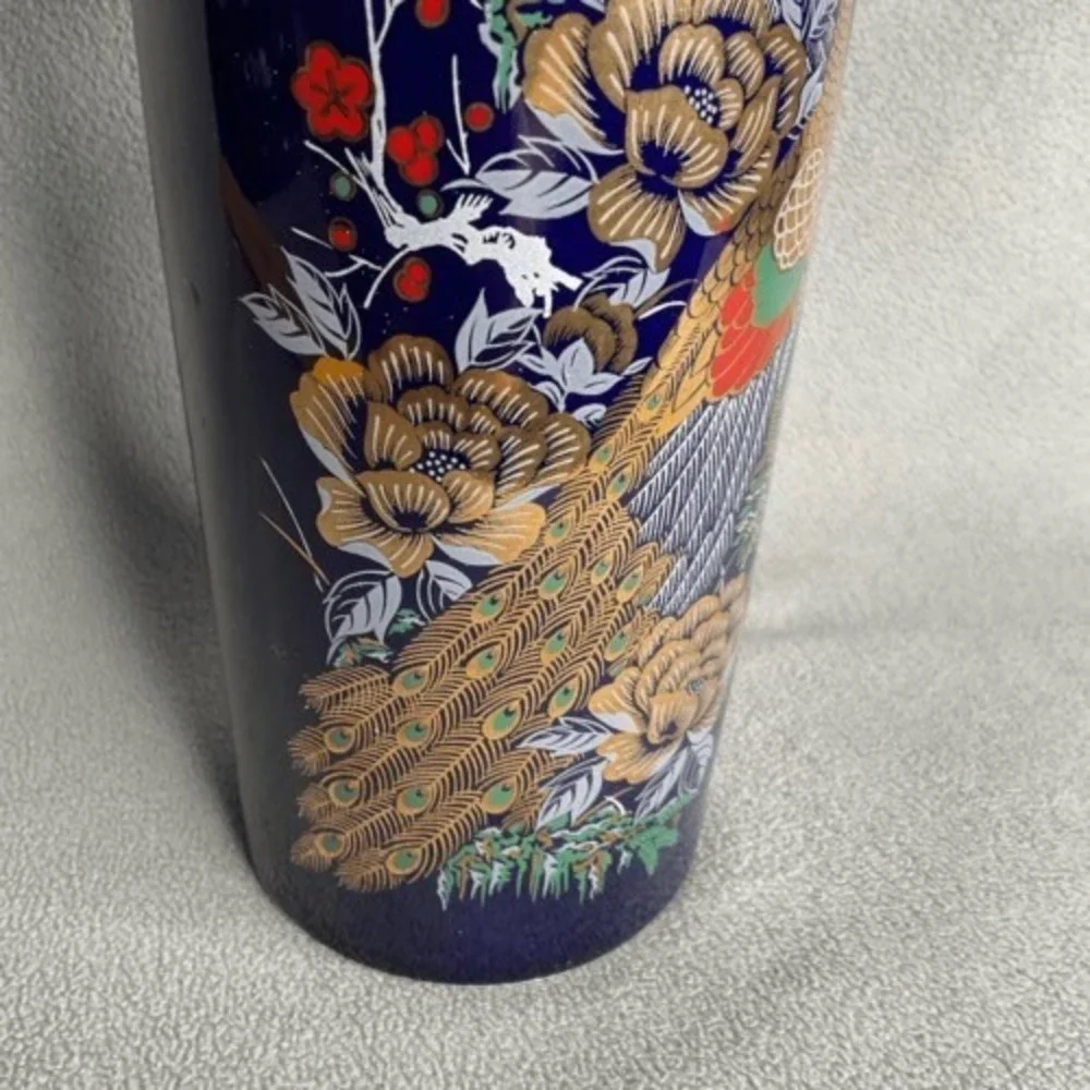 VTG Interpur Cobalt Blue Peacock Oriental Vase 22K Gold Trim Japan‎ 10.5